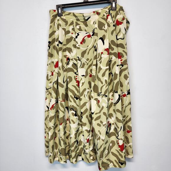 Vintage 80s City Girl Pleated Midi Skirt Size 13 28" Green Abstract Flowy Retro - Picture 1 of 12
